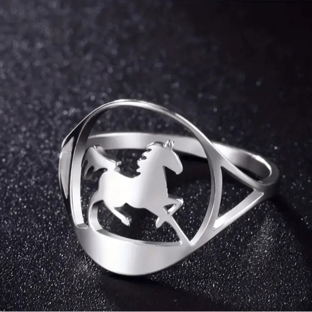 Silver Stainless Steel Horse Ring Cut Out Unisex